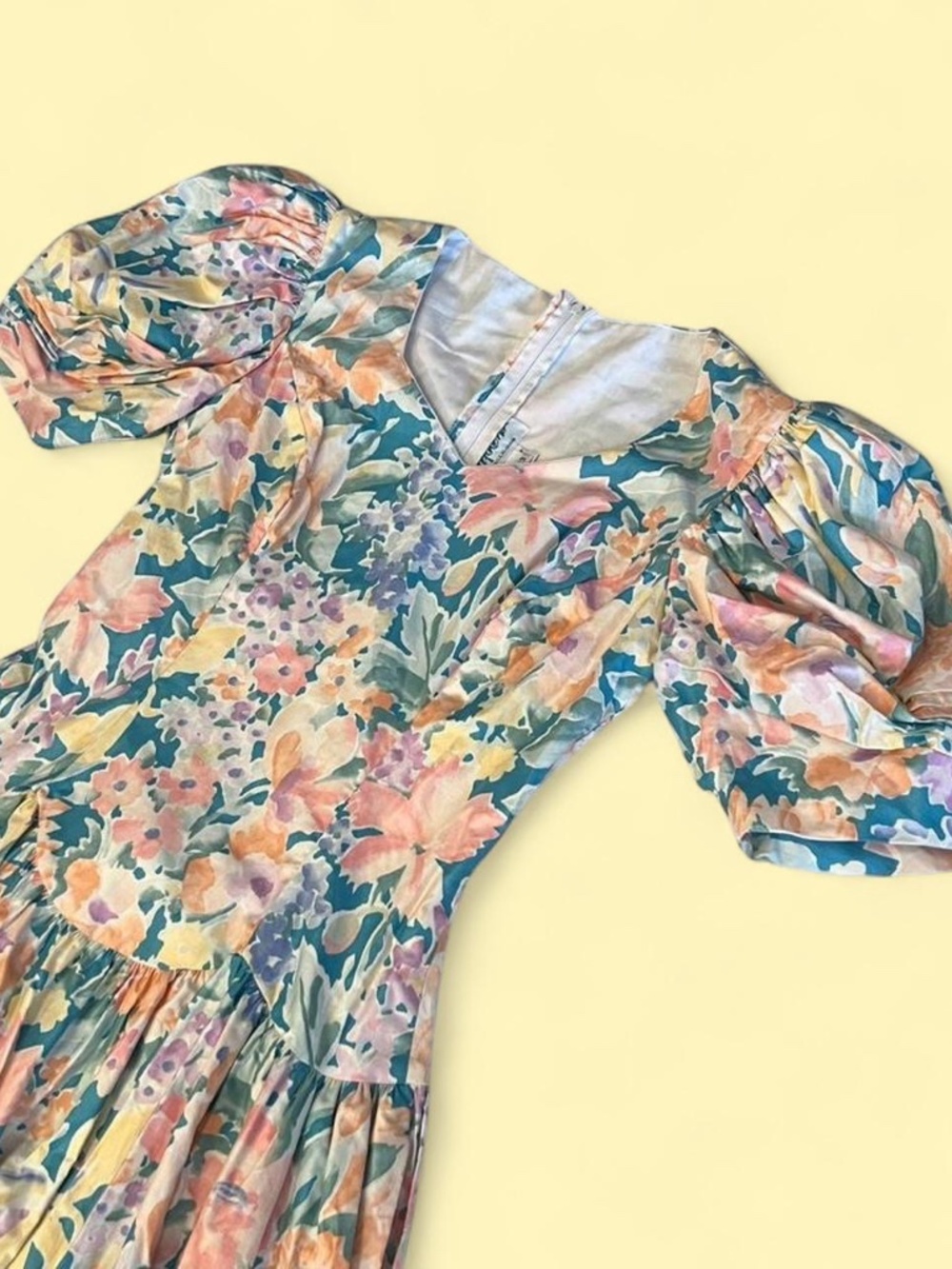 Vintage 80s Pastel Floral Dress 100% Cotton Maxi Puff Sleeves Basque Pockets
